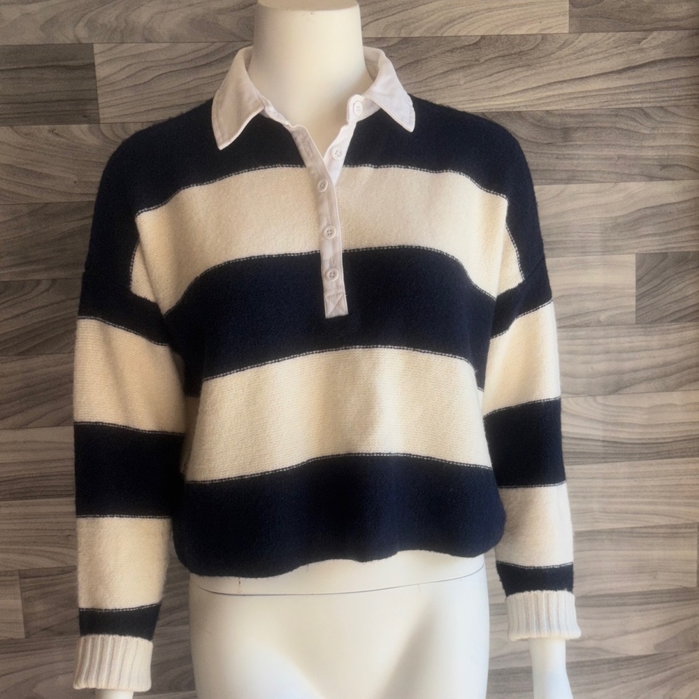 American Eagle Outfitters Navy and Cream Striped Sweater